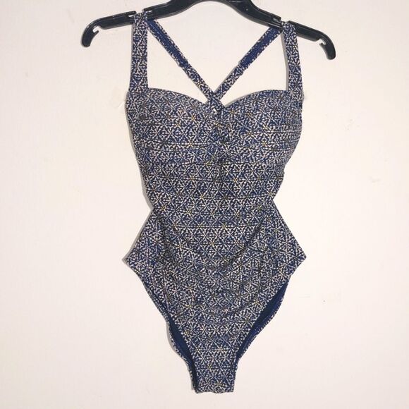 NipTuck Patterned One Piece Swimsuit Navy Blue Ruched Criss Cross Back Size 6 - Picture 10 of 15